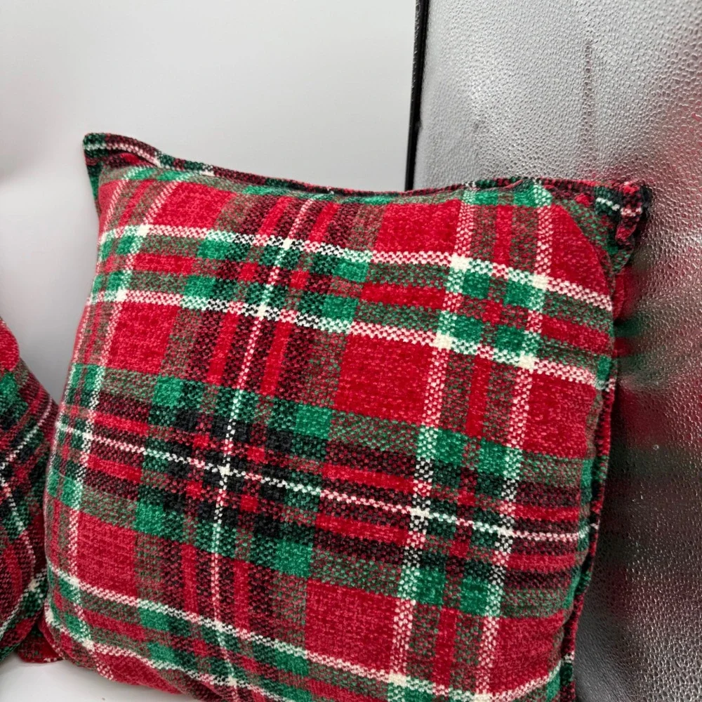 Red Green Plaid Christmas Throw Pillows Set 2 Holiday 16x16 cabin farm rustic